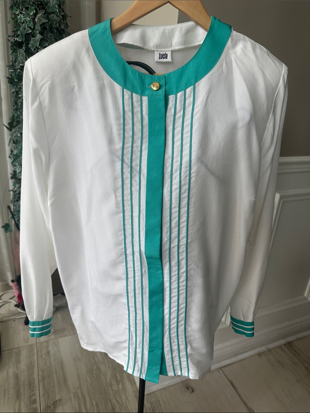 LUCIA White Blouse with Teal Trim